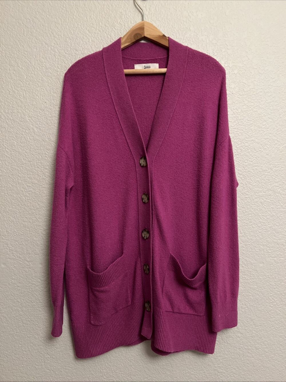 LOFT Boyfriend Sweater Cardigan Artsy Colorful Teacher Magenta Pockets Academia